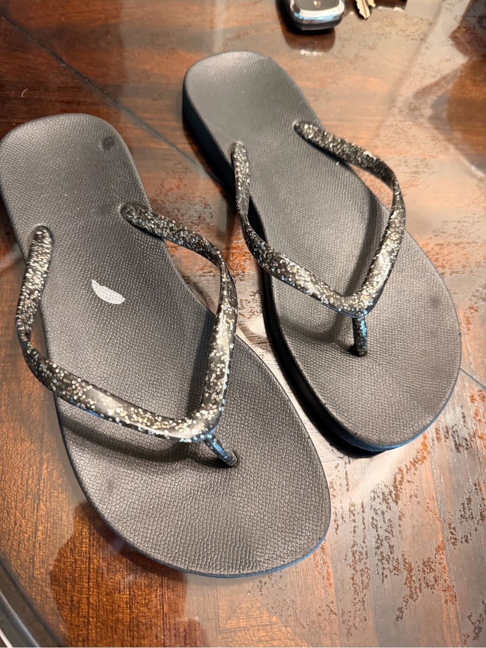 Black Glitter Strap Women's Flip Flops Size 8